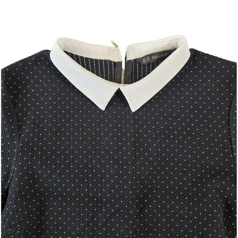 Zara Basics Women's Dress Collared Back Zip Knee Length Black w/ White Dots XS - Picture 2 of 11